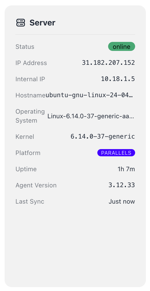 Server — Status, IP, Hostname, OS, Kernel